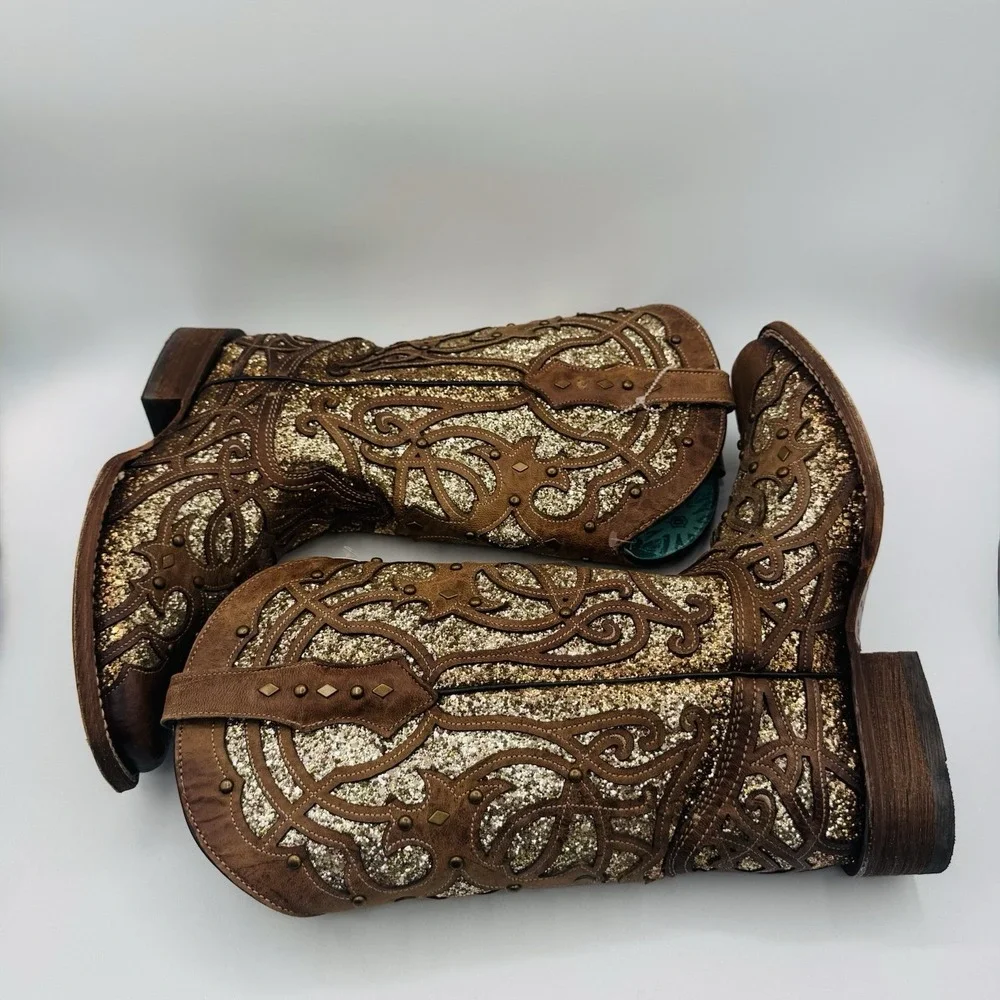Corral Orix Glitter Inlay‎ Boots Women's Size 11 Brown Leather Gold Studded